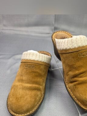 UGG Chestnut Suede Slip-On Clogs with Cream Knit Cuff